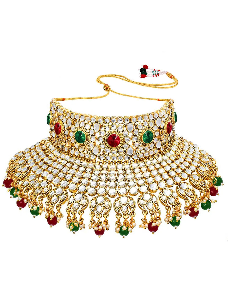 Kundan Pearl Bridal Necklace Set - Maroon - Green