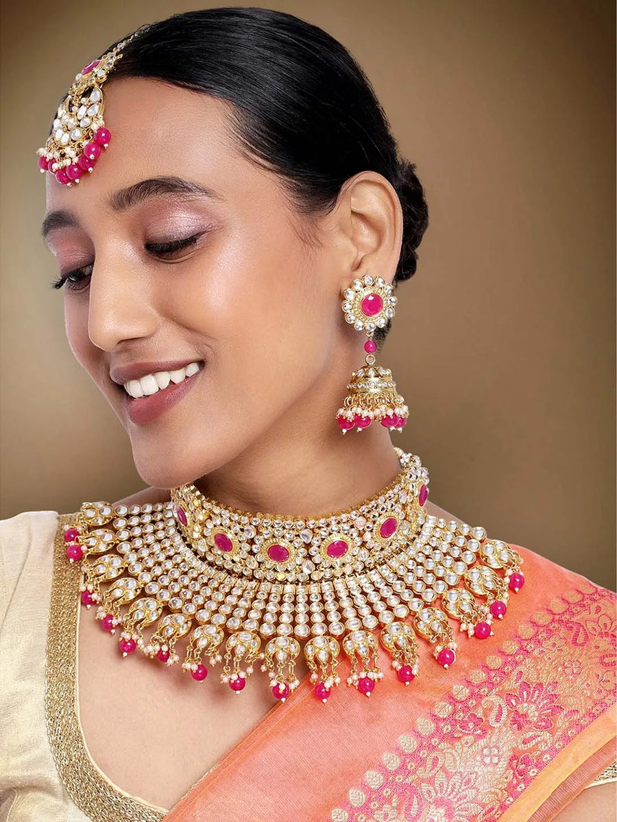 Kundan Pearl Bridal Necklace Set - Red