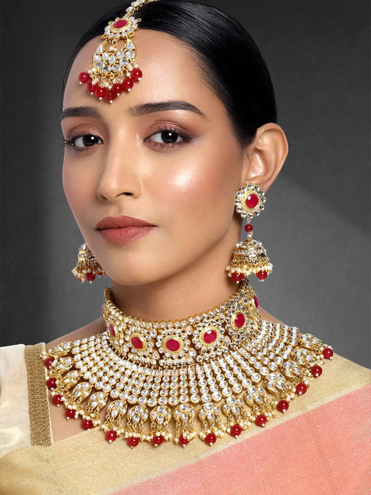 Kundan Pearl Bridal Necklace Set - Red