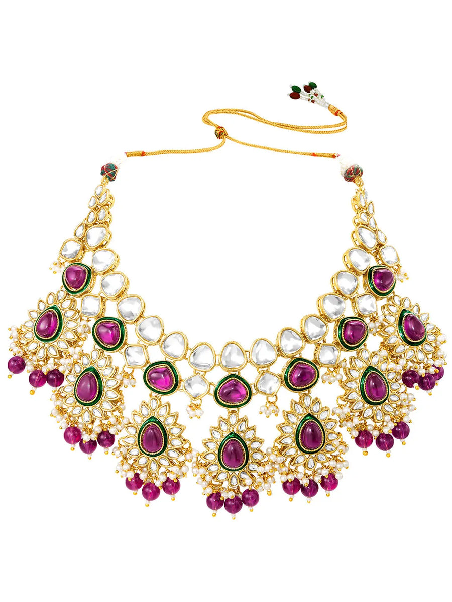 Gold Plated Ruby Kundan Crest Necklace Set