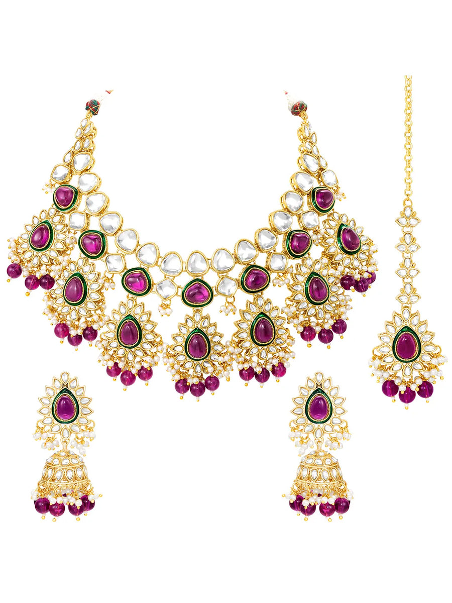 Gold Plated Ruby Kundan Crest Necklace Set