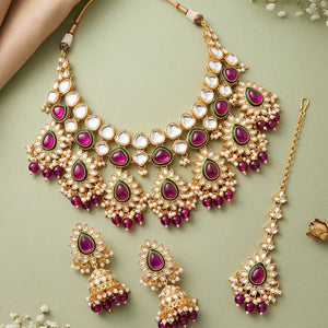 Gold Plated Ruby Kundan Crest Necklace Set