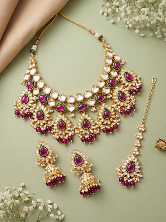 Gold Plated Ruby Kundan Crest Necklace Set
