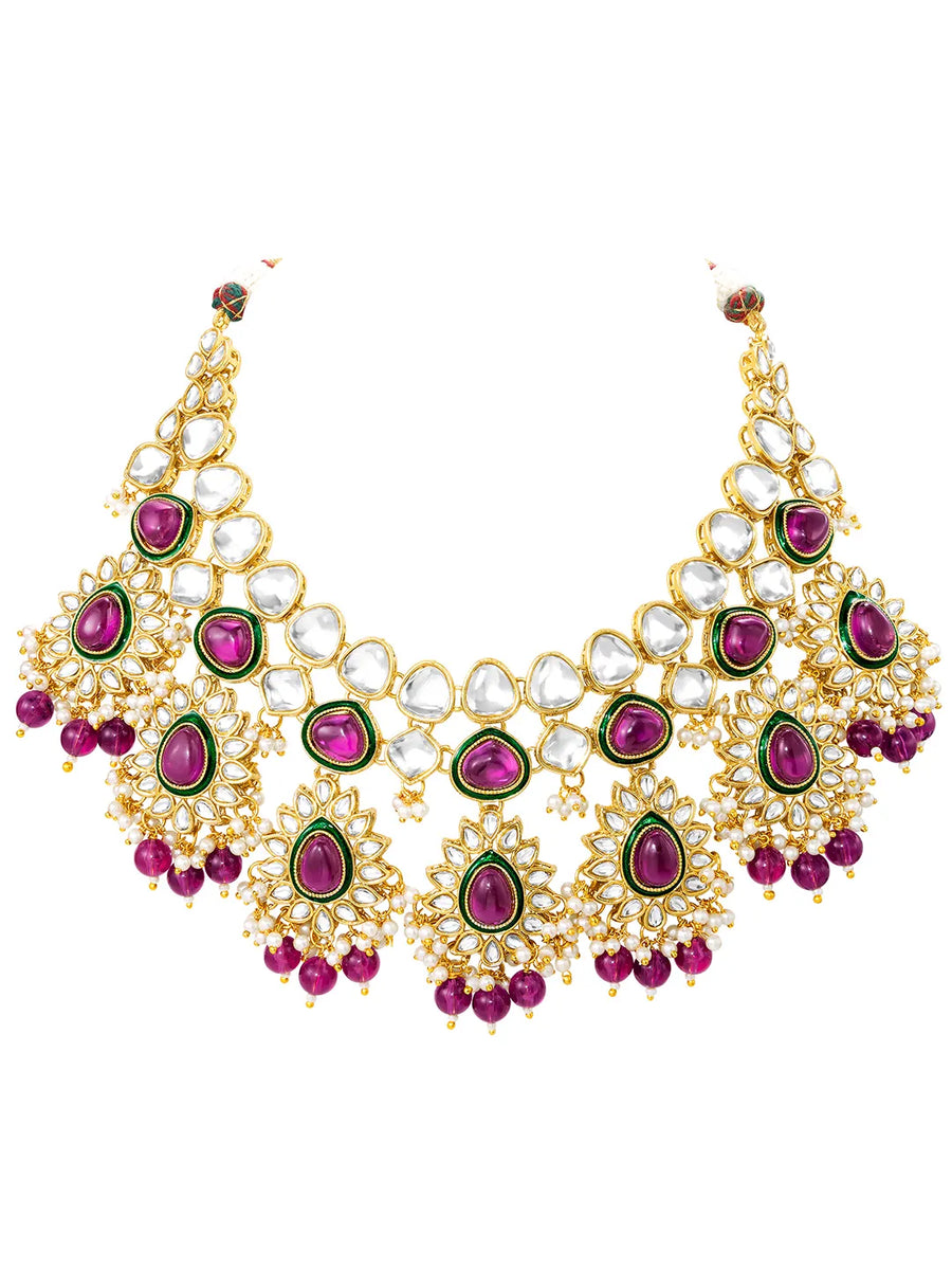Gold Plated Ruby Kundan Crest Necklace Set