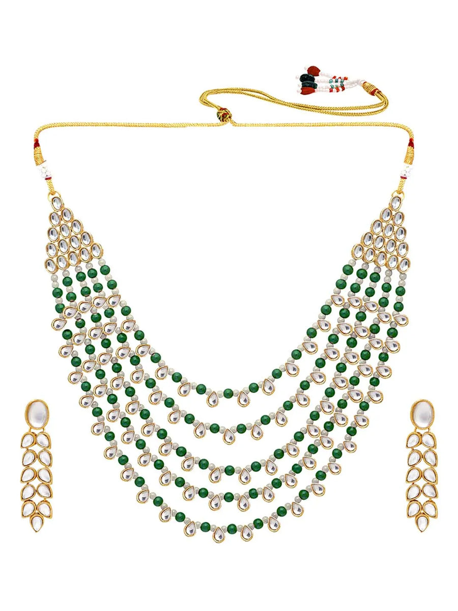 Chic Layers Kundan Faux Pearl Necklace Set - Green