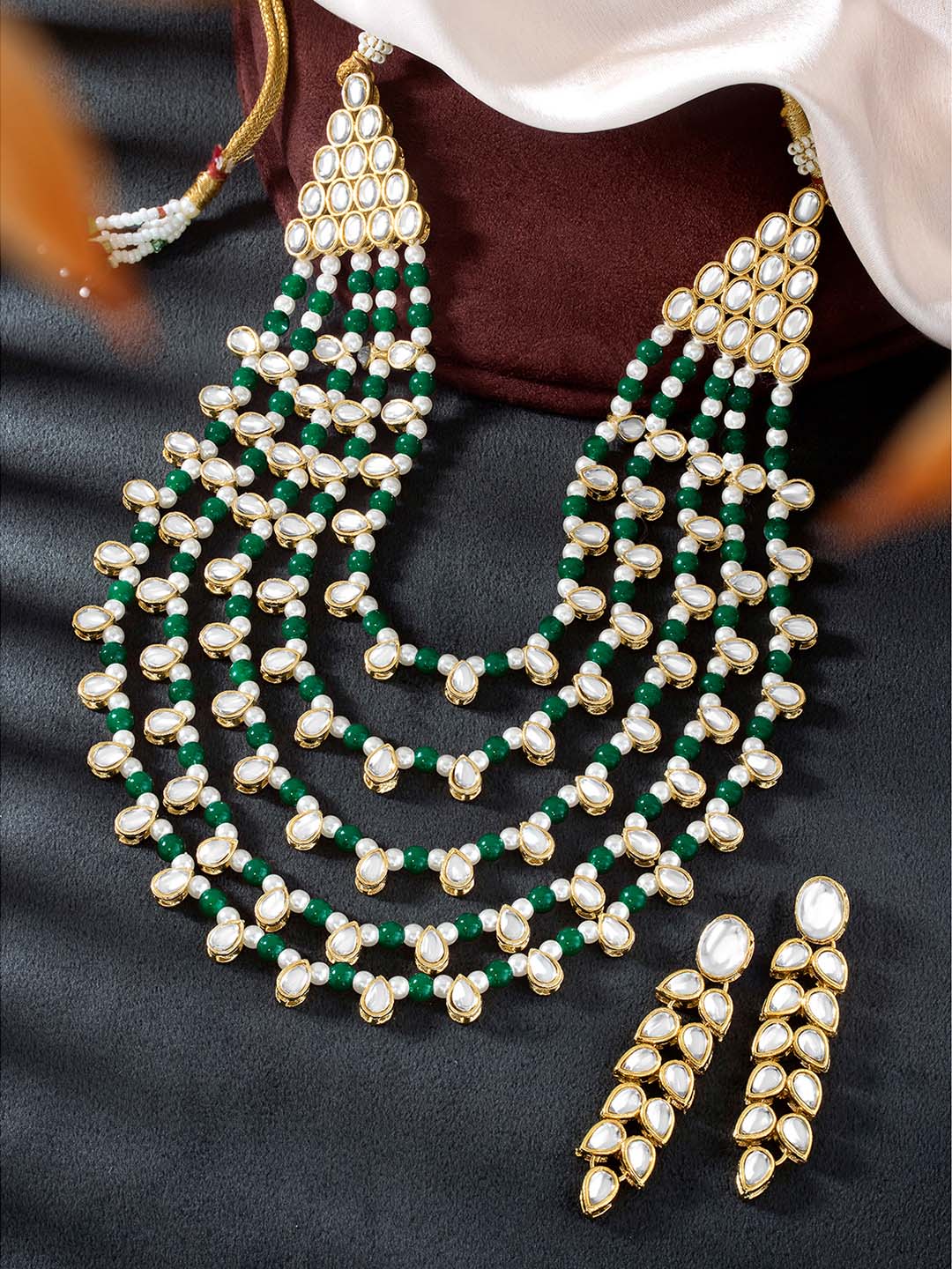 Chic Layers Kundan Green Faux Pearl Necklace Set