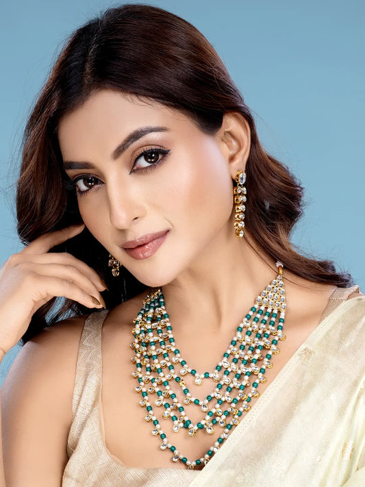 Chic Layers Kundan Faux Pearl Necklace Set - Green