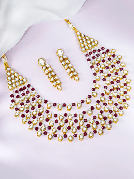 Chic Layers Kundan Faux Pearl Necklace Set - Maroon