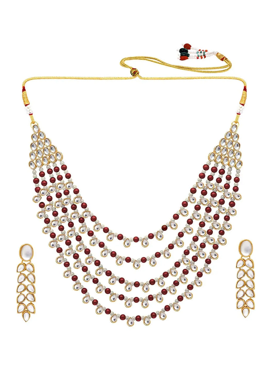 Chic Layers Kundan Faux Pearl Necklace Set - Maroon