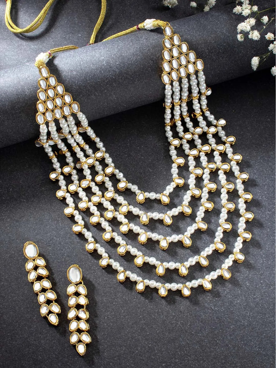 Chic Layers Kundan Faux Pearl Necklace Set - White