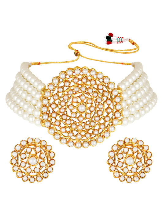 Faux Pearls Stones Choker Set. Gold-plated choker necklace set with layered white pearls and round stone-studded design, paired with matching earrings elegant traditional jewellery for festive wear.