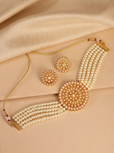 Faux Pearls Stones Choker Set. Gold-plated choker necklace set with layered white pearls and round stone-studded design, paired with matching earrings elegant traditional jewellery for festive wear.