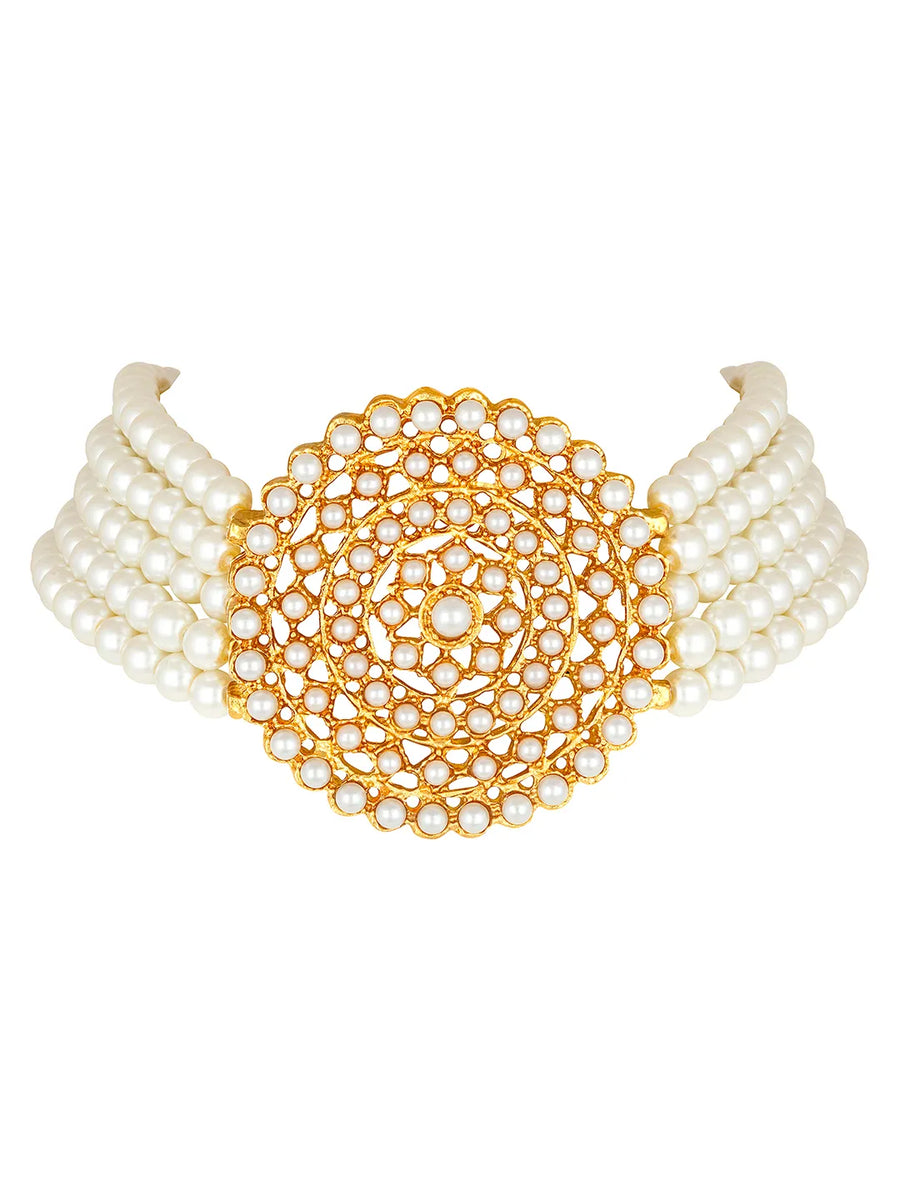 Faux Pearls Stones Choker Set. Gold-plated choker necklace set with layered white pearls and round stone-studded design, paired with matching earrings elegant traditional jewellery for festive wear.