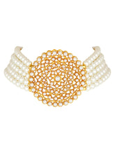 Faux Pearls Stones Choker Set. Gold-plated choker necklace set with layered white pearls and round stone-studded design, paired with matching earrings elegant traditional jewellery for festive wear.