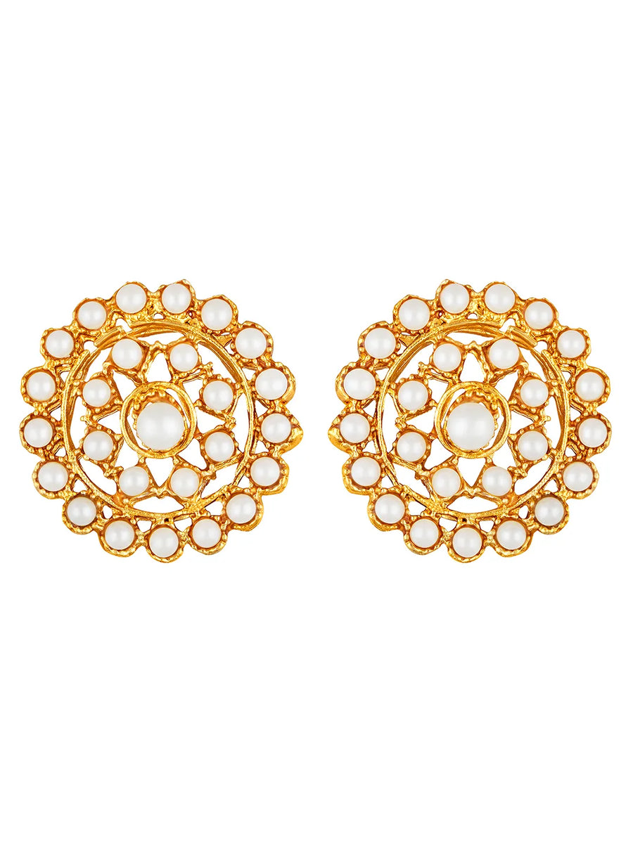 Faux Pearls Stones Choker Set. Gold-plated choker necklace set with layered white pearls and round stone-studded design, paired with matching earrings elegant traditional jewellery for festive wear.