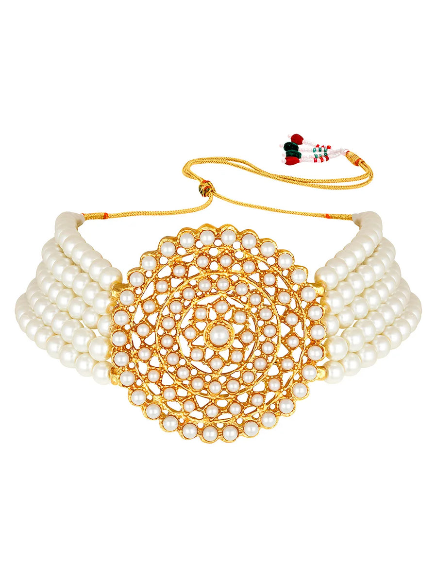 Faux Pearls Stones Choker Set. Gold-plated choker necklace set with layered white pearls and round stone-studded design, paired with matching earrings elegant traditional jewellery for festive wear.