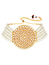 Faux Pearls Stones Choker Set. Gold-plated choker necklace set with layered white pearls and round stone-studded design, paired with matching earrings elegant traditional jewellery for festive wear.