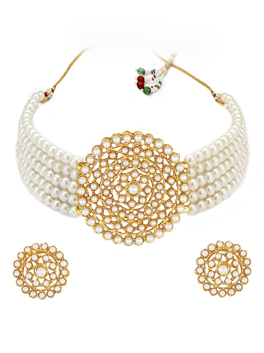 Faux Pearls Stones Choker Set. Gold-plated choker necklace set with layered white pearls and round stone-studded design, paired with matching earrings elegant traditional jewellery for festive wear.