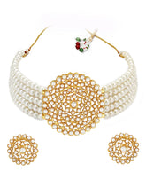 Faux Pearls Stones Choker Set. Gold-plated choker necklace set with layered white pearls and round stone-studded design, paired with matching earrings elegant traditional jewellery for festive wear.