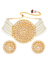 Faux Pearls Stones Choker Set. Gold-plated choker necklace set with layered white pearls and round stone-studded design, paired with matching earrings elegant traditional jewellery for festive wear.