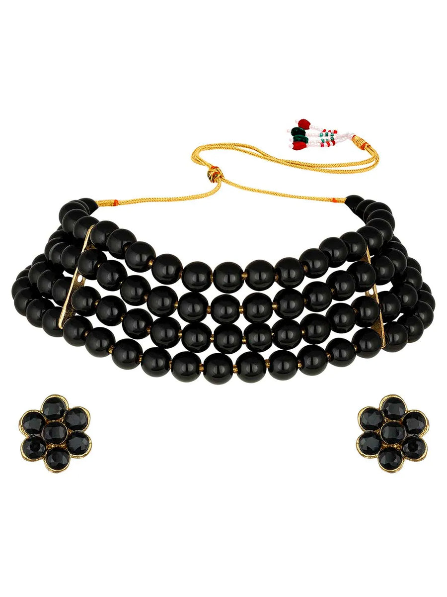 Classic Pearl Beaded Choker & Earrings - Black