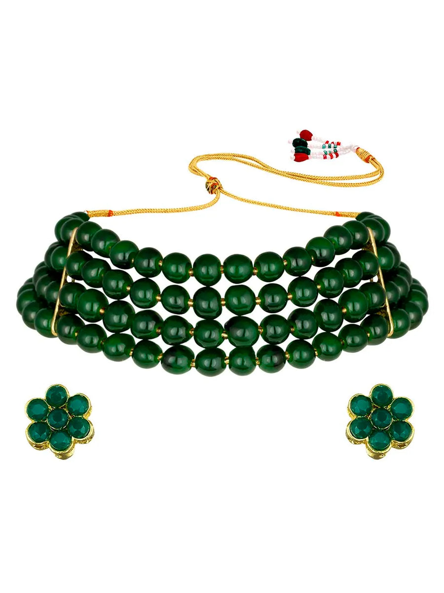 Classic Pearl Beaded Choker & Earrings - Green