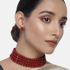 Classic Pearl Beaded Choker & Earrings - Maroon