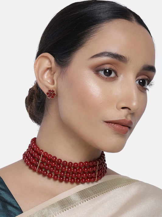 Classic Pearl Beaded Choker & Earrings - Maroon