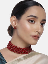 Classic Pearl Beaded Choker & Earrings - Maroon