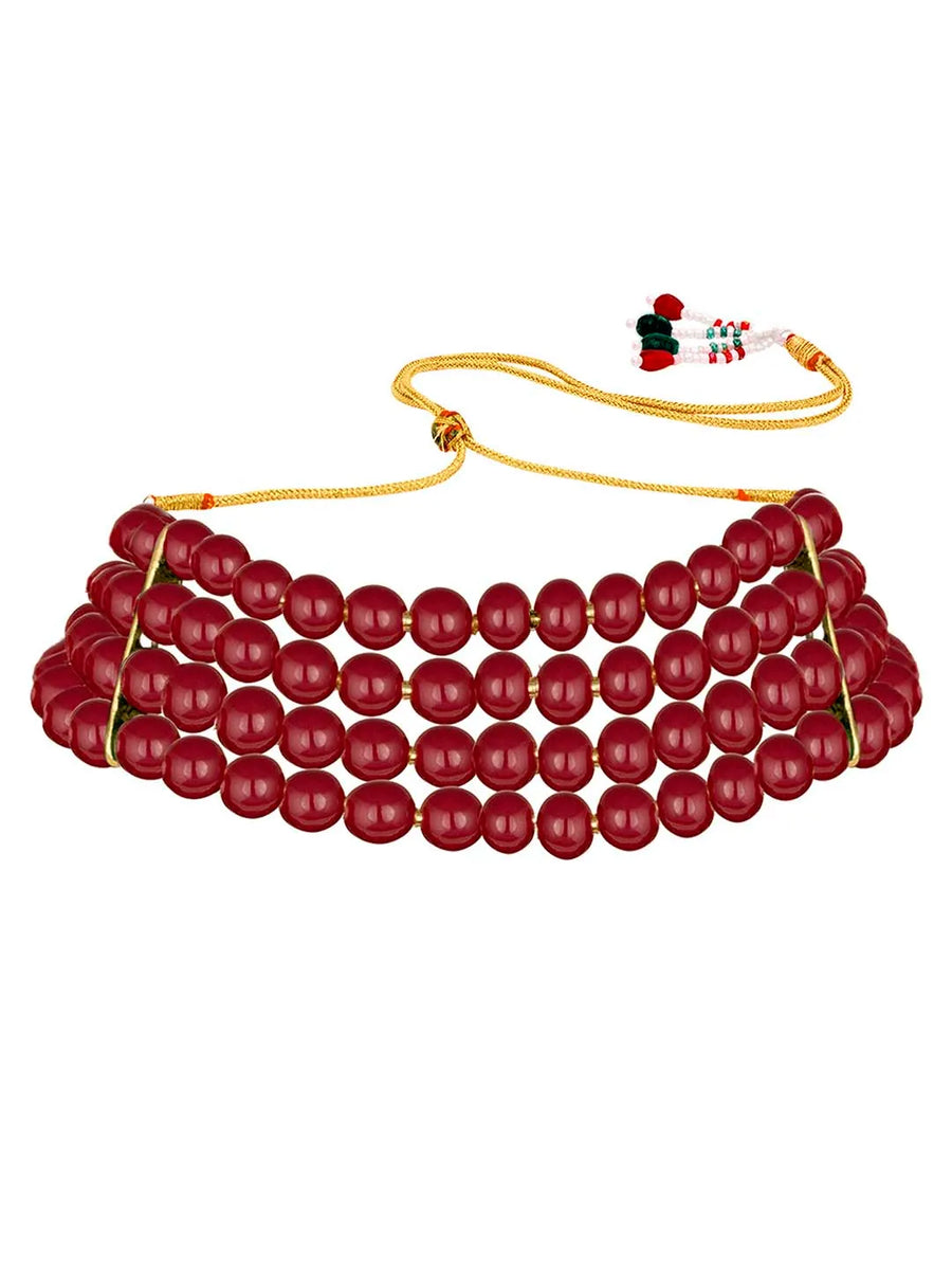 Classic Pearl Beaded Choker & Earrings - Maroon