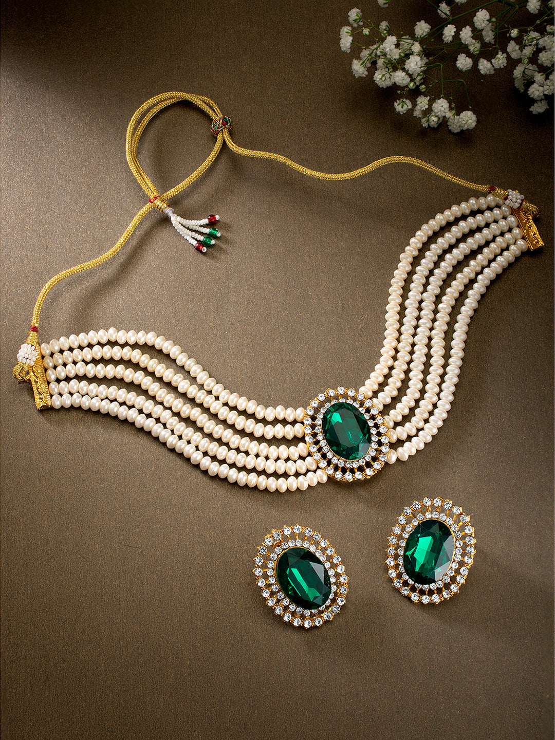 Evergreen Glam Stone & Pearl Choker Set