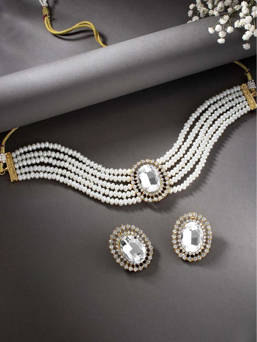 Elegant Stone & Pearl Choker Set - White