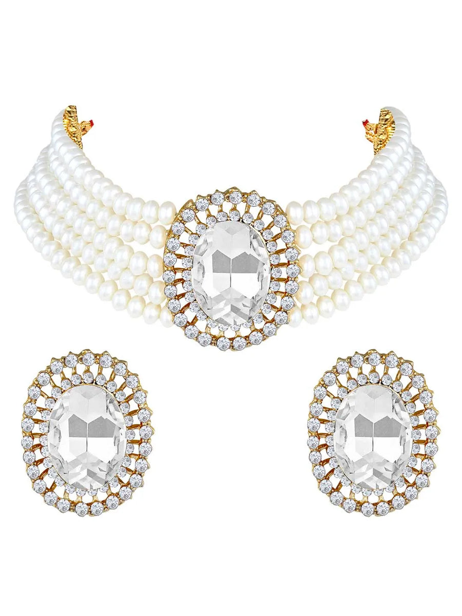 Elegant Stone & Pearl Choker Set - White