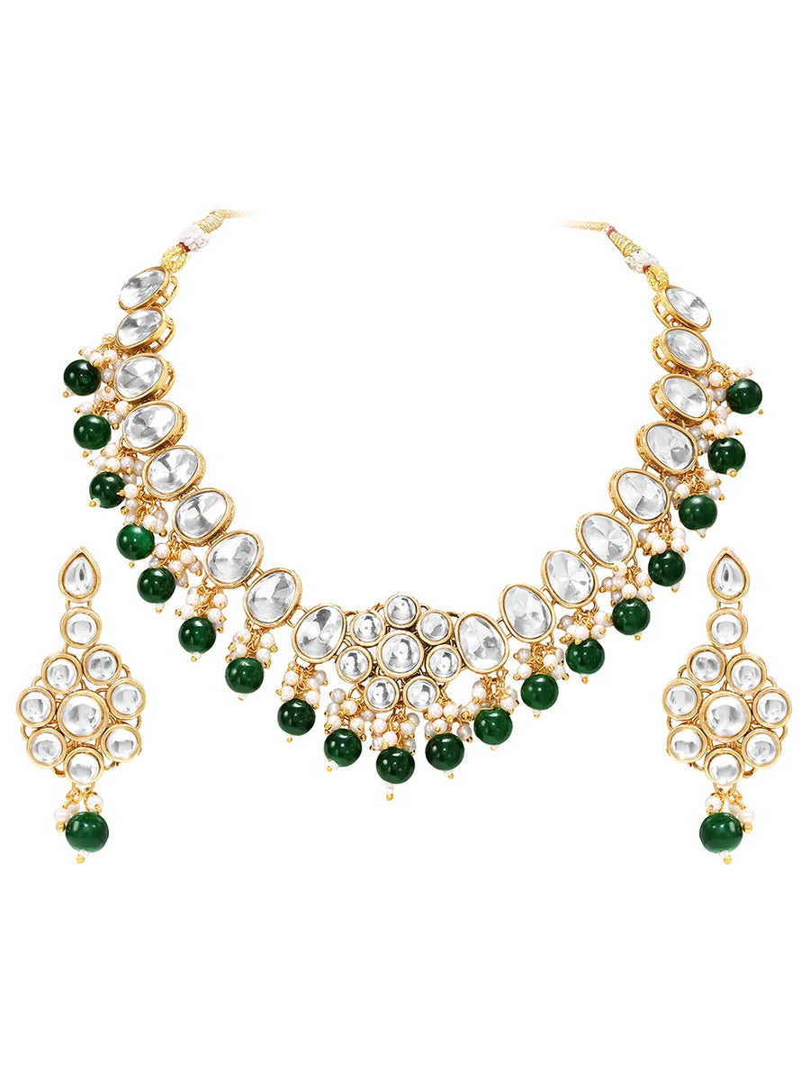 Gold Plated Green Beaded Statement Necklace Set