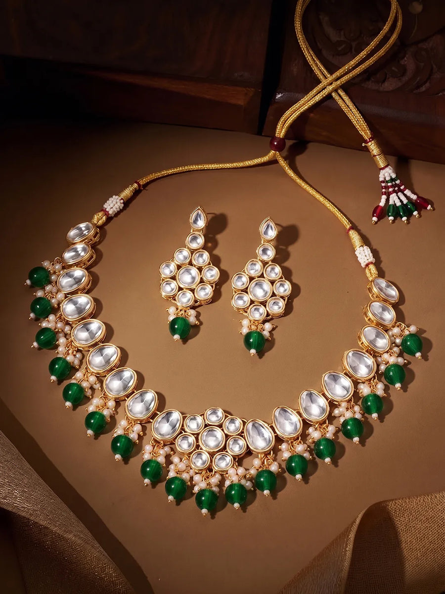 Gold Plated Green Beaded Statement Necklace Set