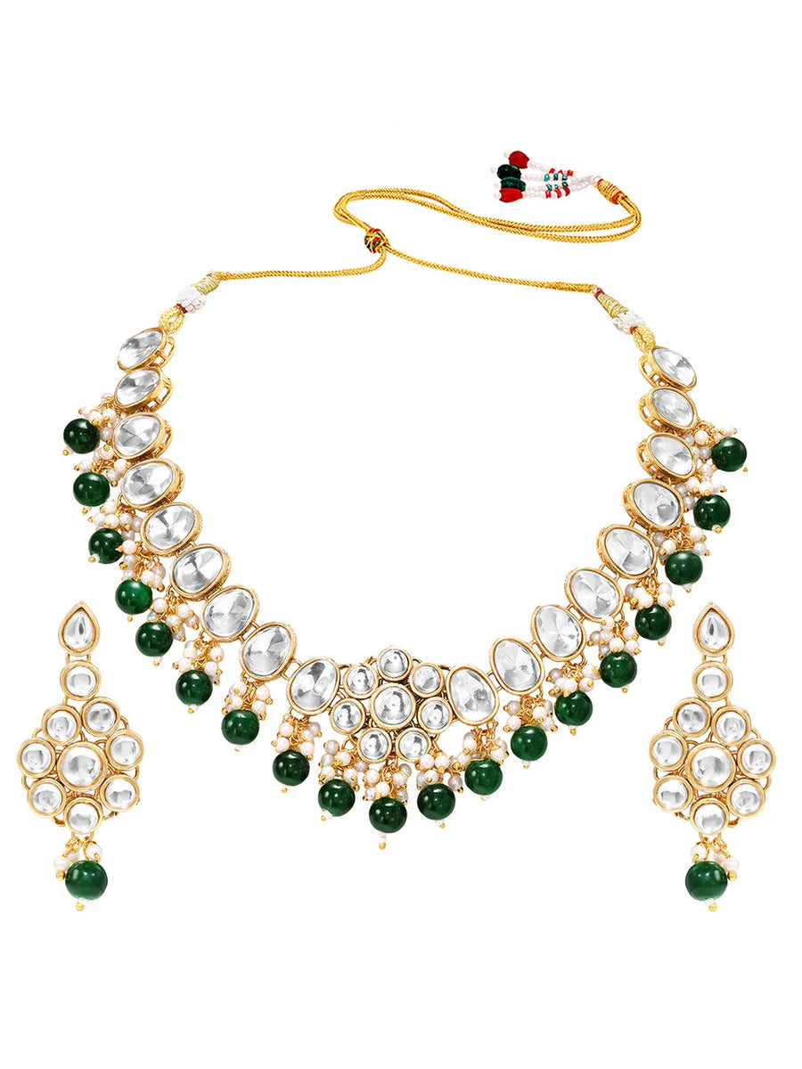 Gold Plated Green Beaded Statement Necklace Set