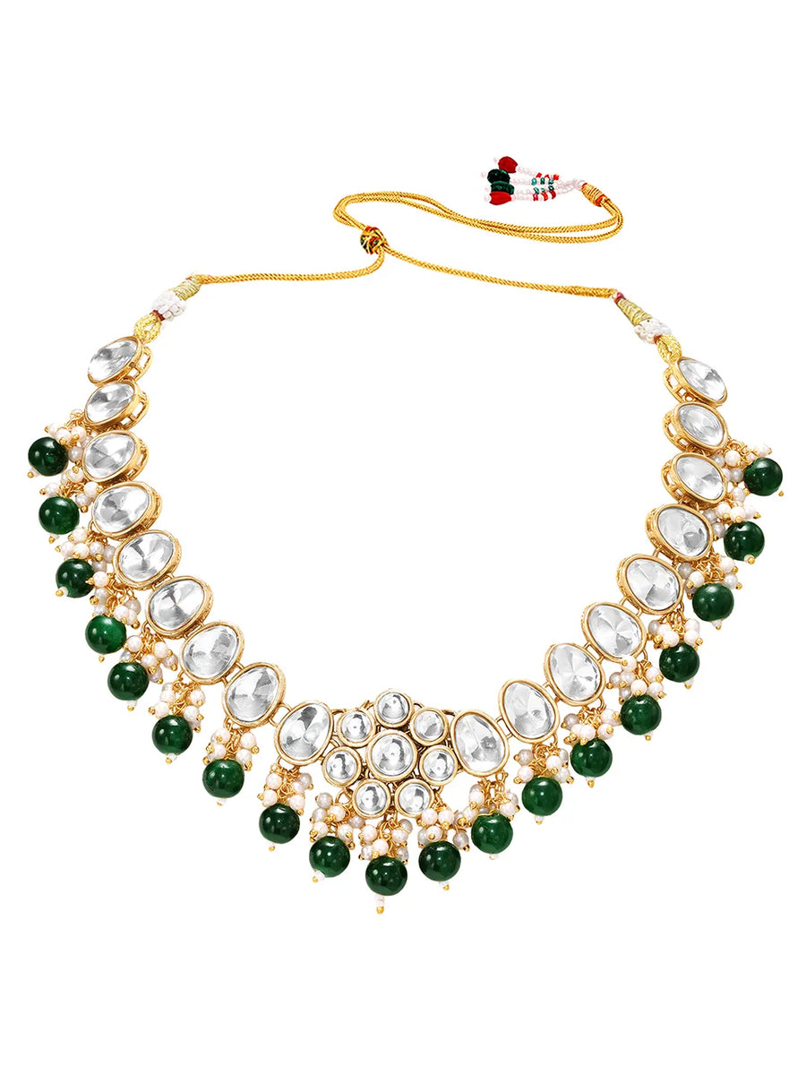 Gold Plated Green Beaded Statement Necklace Set
