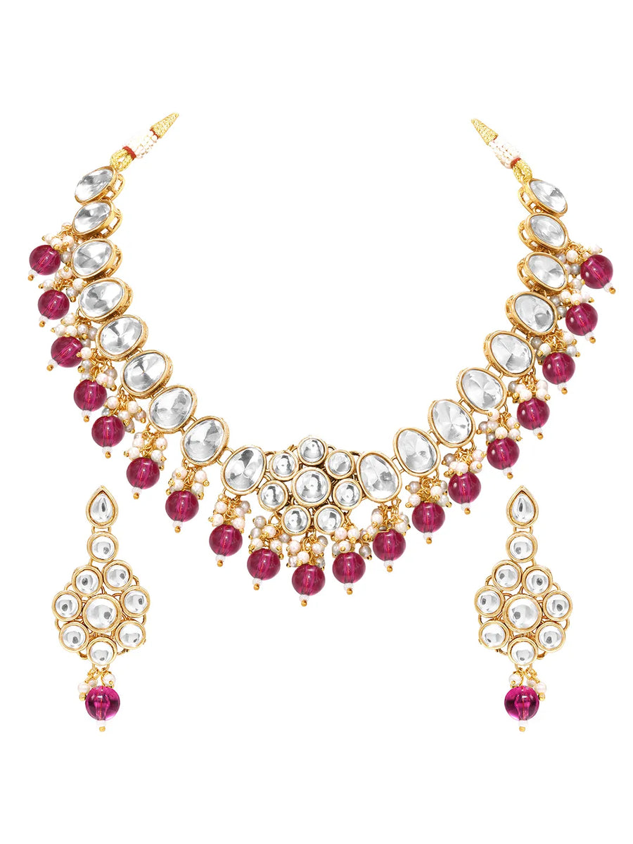 Gold Plated Purple Beaded Statement Necklace Set