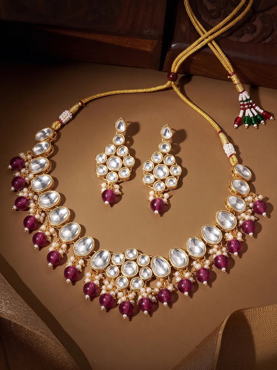 Gold Plated Purple Beaded Statement Necklace Set