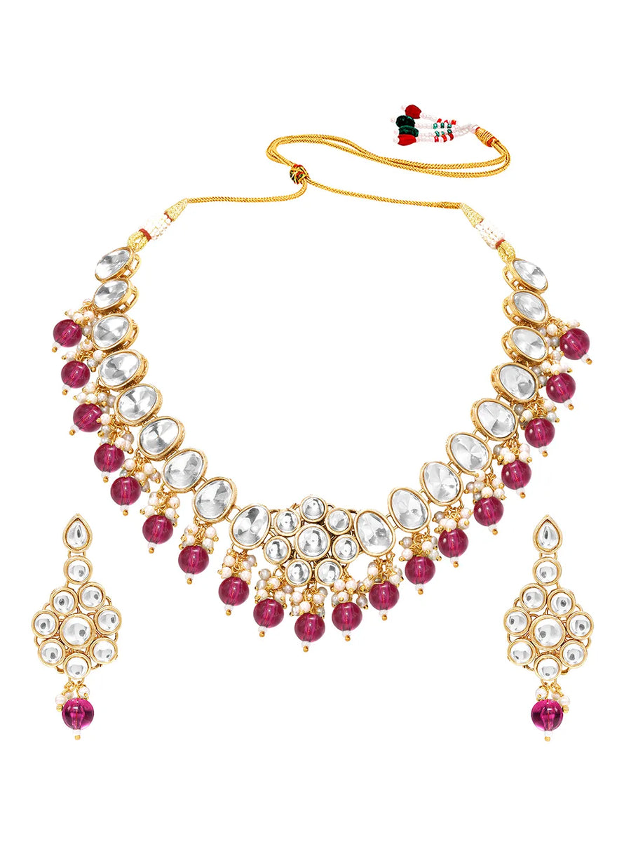 Gold Plated Purple Beaded Statement Necklace Set