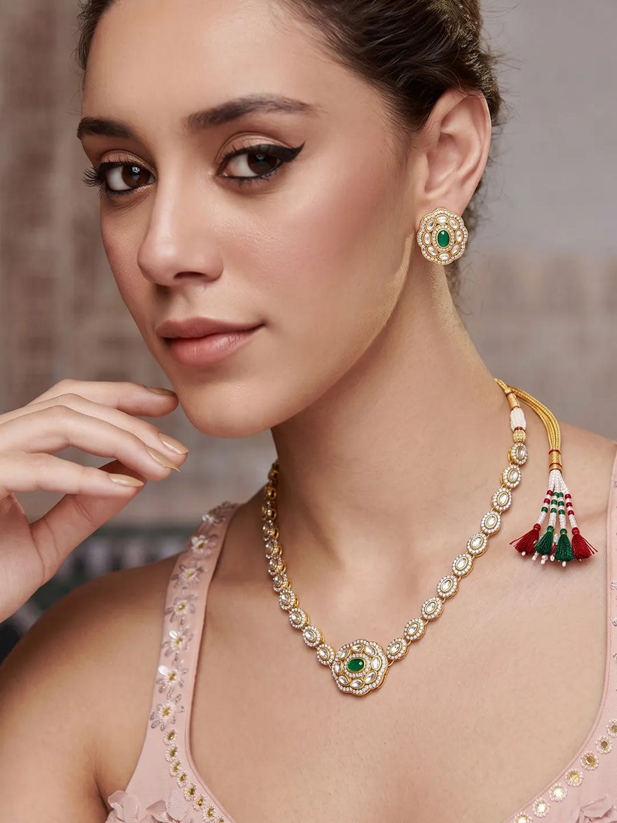 Gold Plated Emerald Kundan Pendant Necklace Set