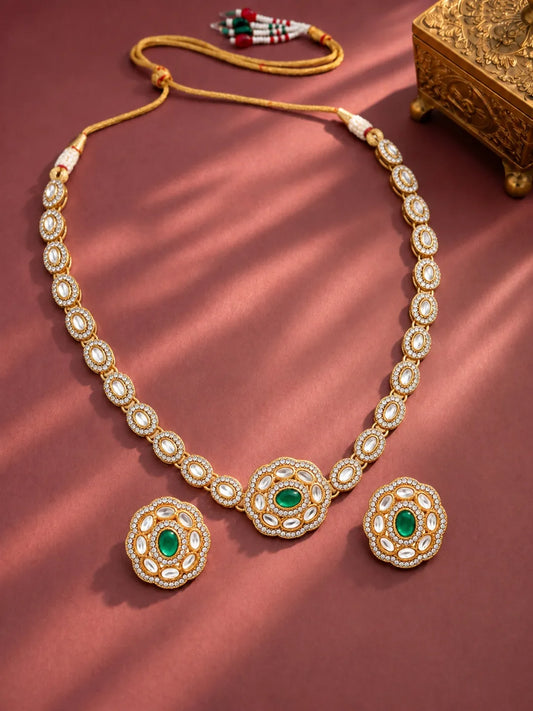 Gold Plated Emerald Kundan Pendant Necklace Set