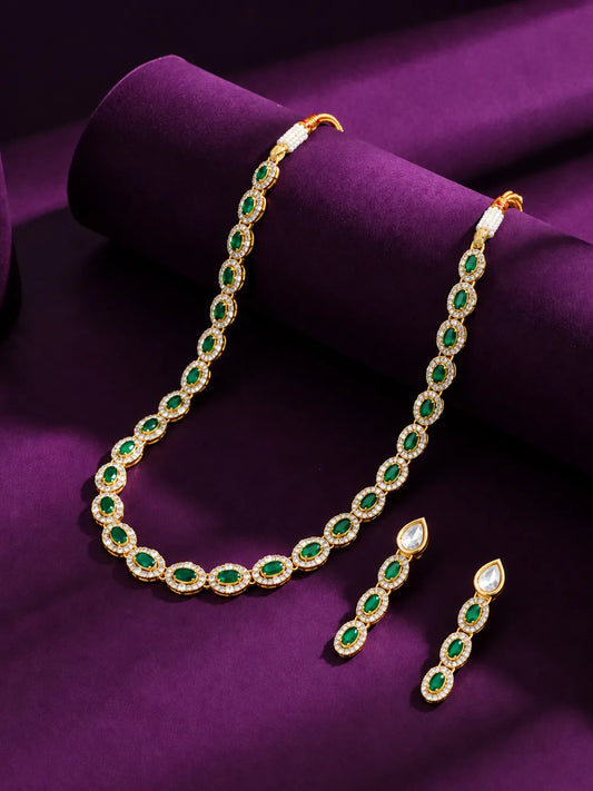 Gold Plated Emerald Halo Necklace Set
