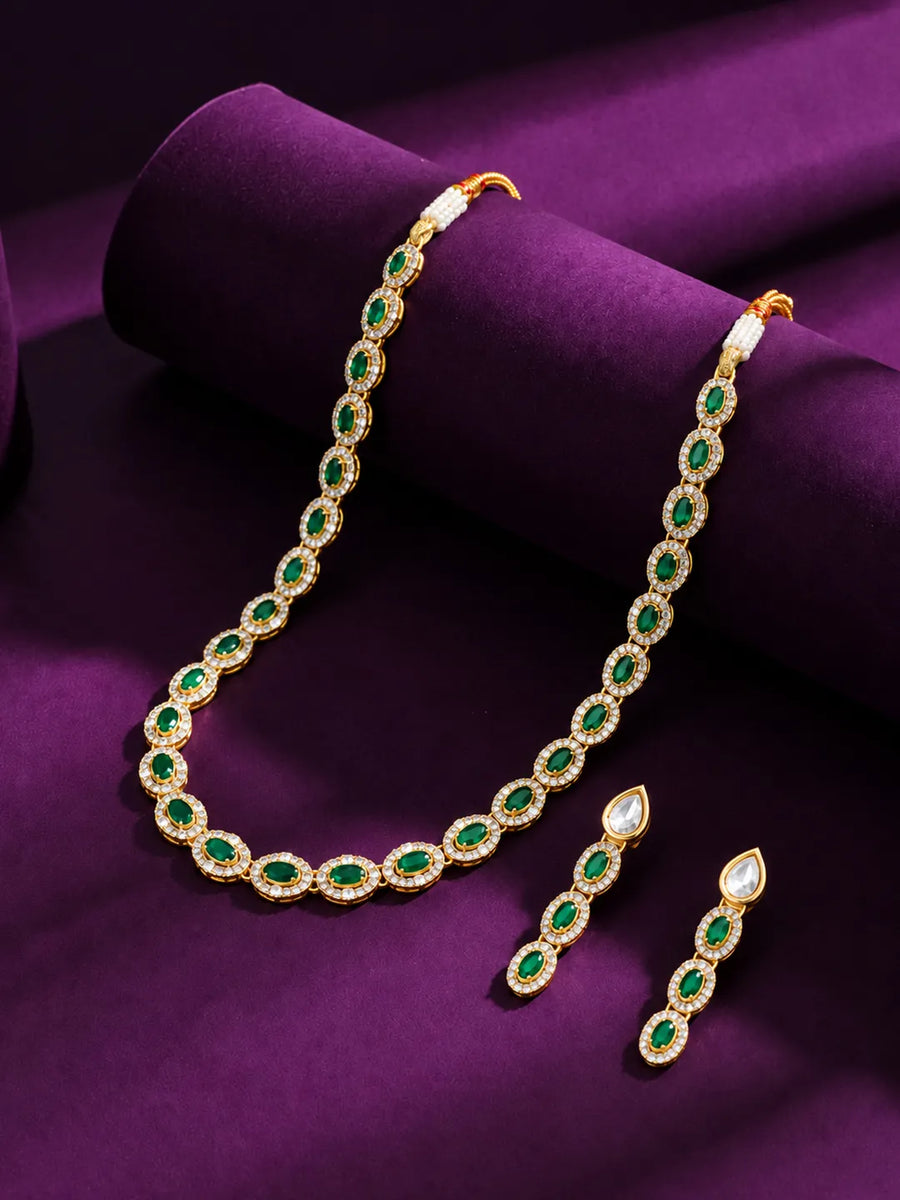 Gold Plated Emerald Halo Necklace Set