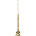 Bridal Bliss Kundan Pearl Adorn. Gold and green Kundan bridal necklace set with pearls, matching earrings, and maang tikka. Perfect for weddings and festive wear.