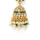 Bridal Bliss Kundan Pearl Adorn. Gold and green Kundan bridal necklace set with pearls, matching earrings, and maang tikka. Perfect for weddings and festive wear.