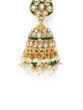 Bridal Bliss Kundan Pearl Adorn. Gold and green Kundan bridal necklace set with pearls, matching earrings, and maang tikka. Perfect for weddings and festive wear.