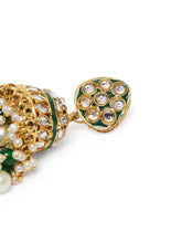 Bridal Bliss Kundan Pearl Adorn. Gold and green Kundan bridal necklace set with pearls, matching earrings, and maang tikka. Perfect for weddings and festive wear.