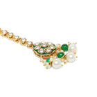 Bridal Bliss Kundan Pearl Adorn. Gold and green Kundan bridal necklace set with pearls, matching earrings, and maang tikka. Perfect for weddings and festive wear.