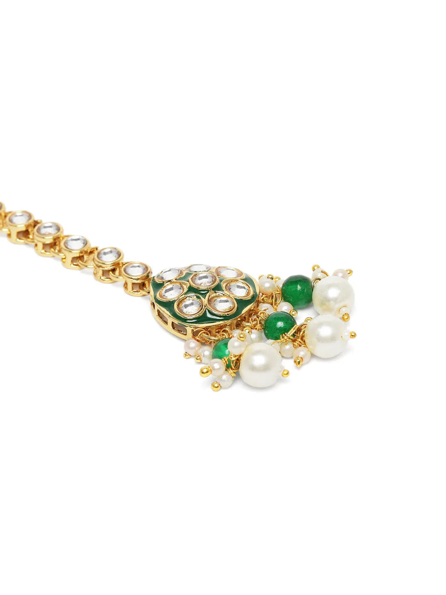 Bridal Bliss Kundan Pearl Adorn. Gold and green Kundan bridal necklace set with pearls, matching earrings, and maang tikka. Perfect for weddings and festive wear.